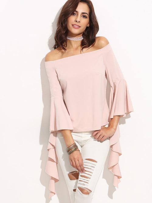 Pink Off The Shoulder Bell Sleeve Asymmetrical Top