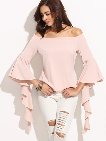 Pink Off The Shoulder Bell Sleeve Asymmetrical Top